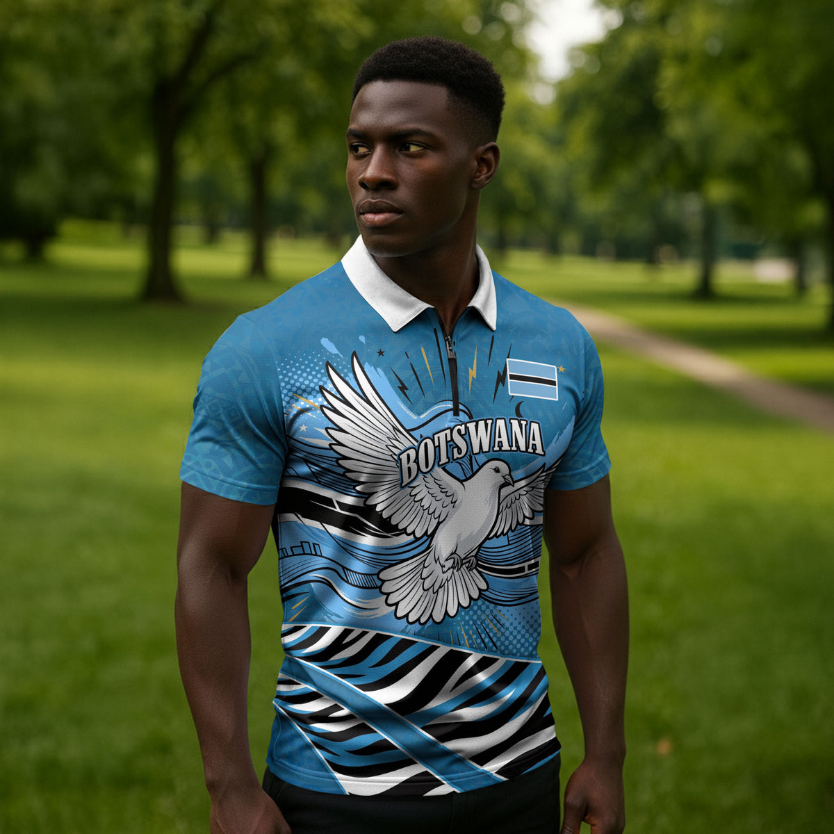 Botswana Independence Day Zipper Polo Shirt Flying Dove Graphic Zebra Portrait Flag Map