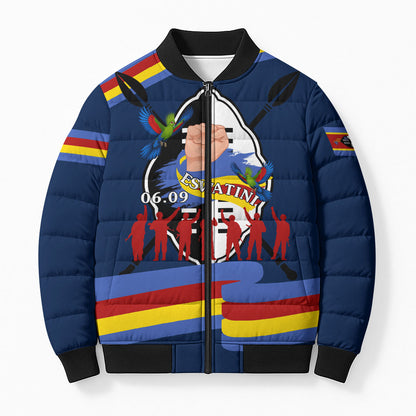 Eswatini Somhlolo Day Bomber Puffer Jacket Swazi Flag Tribal Shield Heritage Graphic