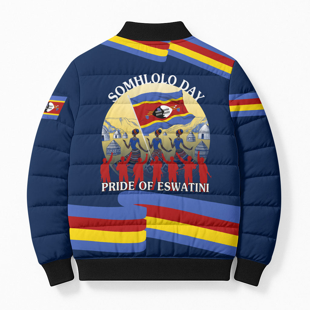 Eswatini Somhlolo Day Bomber Puffer Jacket Swazi Flag Tribal Shield Heritage Graphic