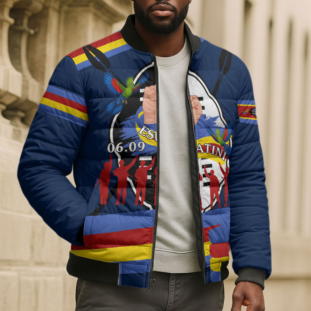 Eswatini Somhlolo Day Bomber Puffer Jacket Swazi Flag Tribal Shield Heritage Graphic