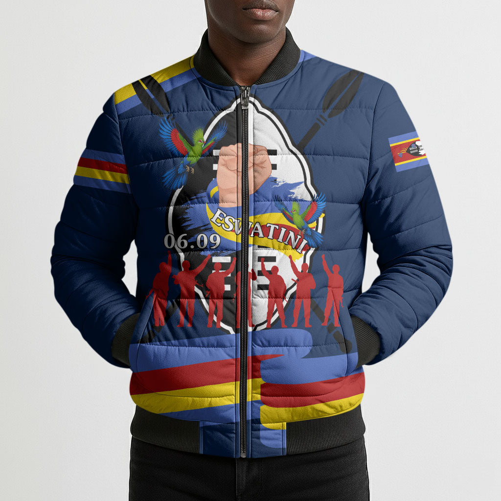 Eswatini Somhlolo Day Bomber Puffer Jacket Swazi Flag Tribal Shield Heritage Graphic