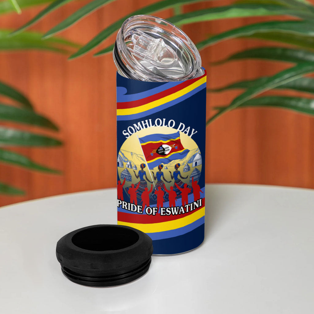 Eswatini Somhlolo Day 4 in 1 Can Cooler Tumbler Swazi Flag Tribal Shield Heritage Graphic