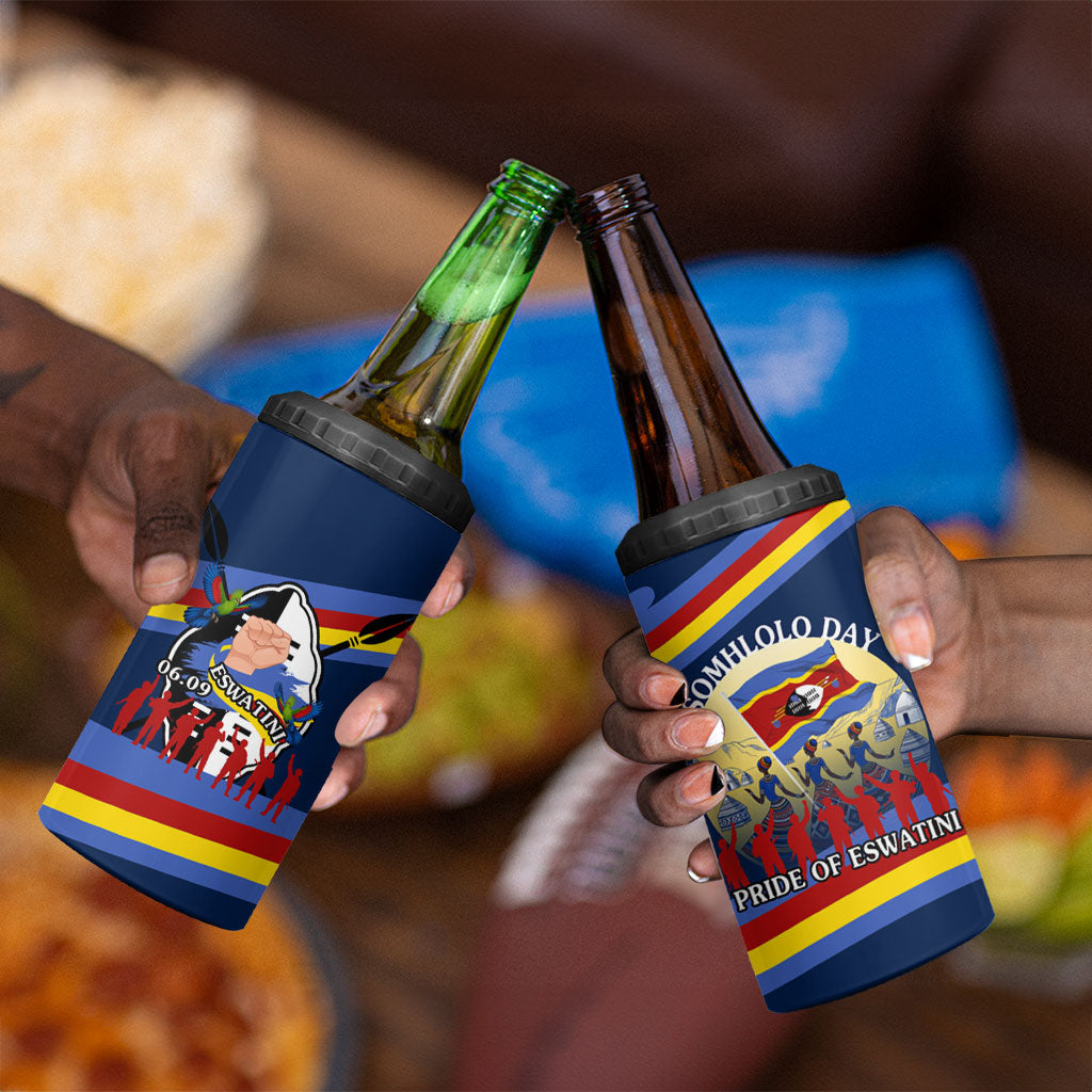Eswatini Somhlolo Day 4 in 1 Can Cooler Tumbler Swazi Flag Tribal Shield Heritage Graphic