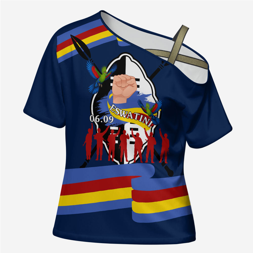 Eswatini Somhlolo Day Cross Shoulder Shirt Swazi Flag Tribal Shield Heritage Graphic