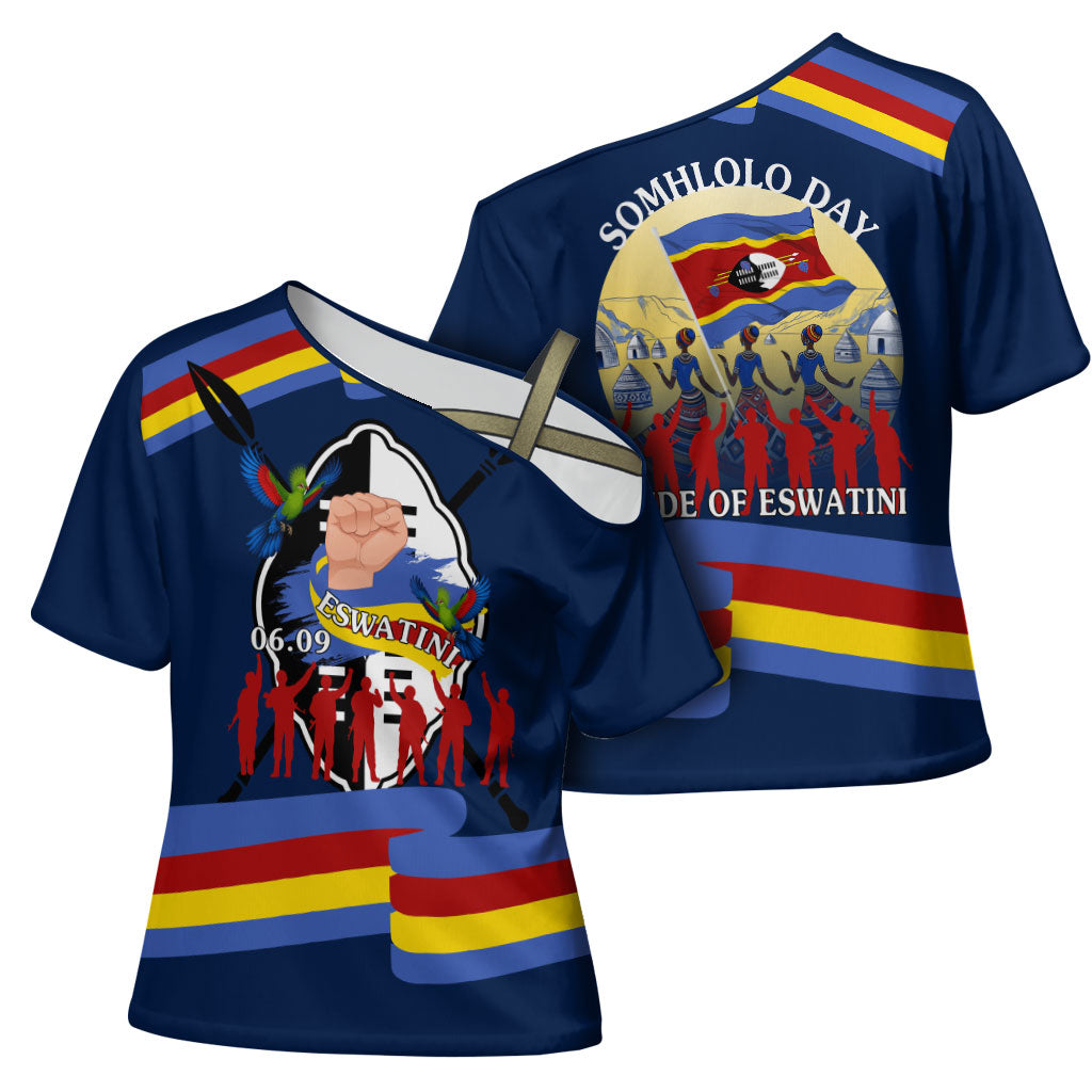 Eswatini Somhlolo Day Cross Shoulder Shirt Swazi Flag Tribal Shield Heritage Graphic
