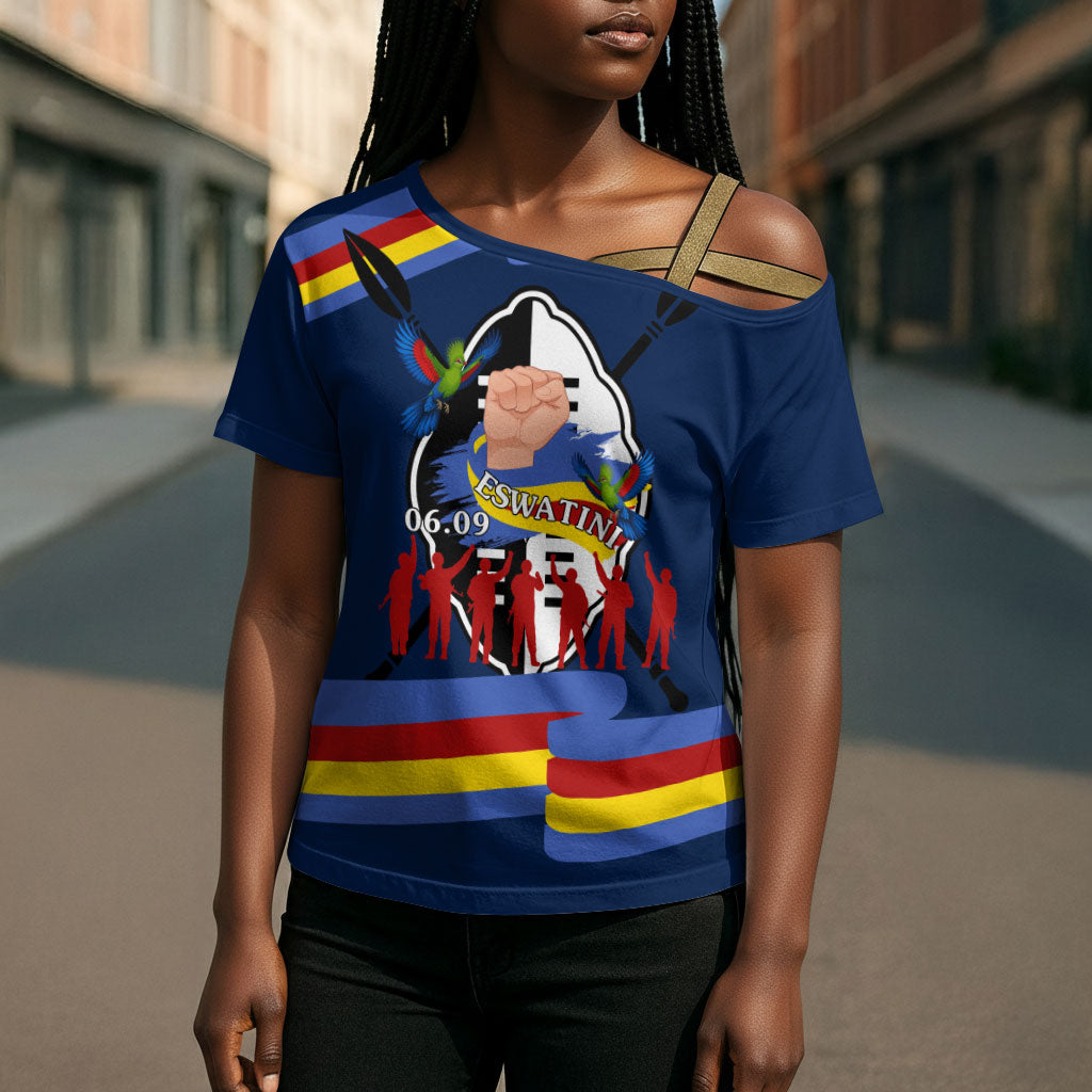 Eswatini Somhlolo Day Cross Shoulder Shirt Swazi Flag Tribal Shield Heritage Graphic