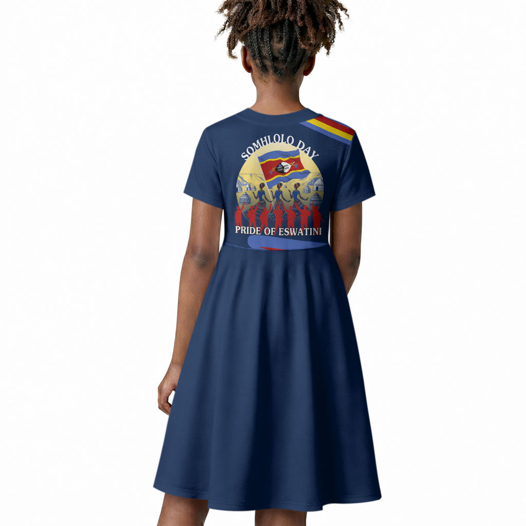 Eswatini Somhlolo Day Kid Short Sleeve Dress Swazi Flag Tribal Shield Heritage Graphic