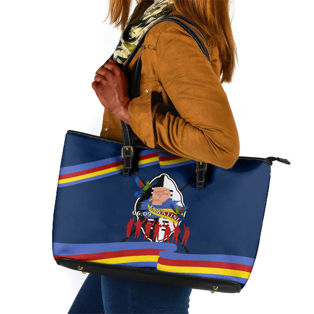 Eswatini Somhlolo Day Leather Tote Bag Swazi Flag Tribal Shield Heritage Graphic