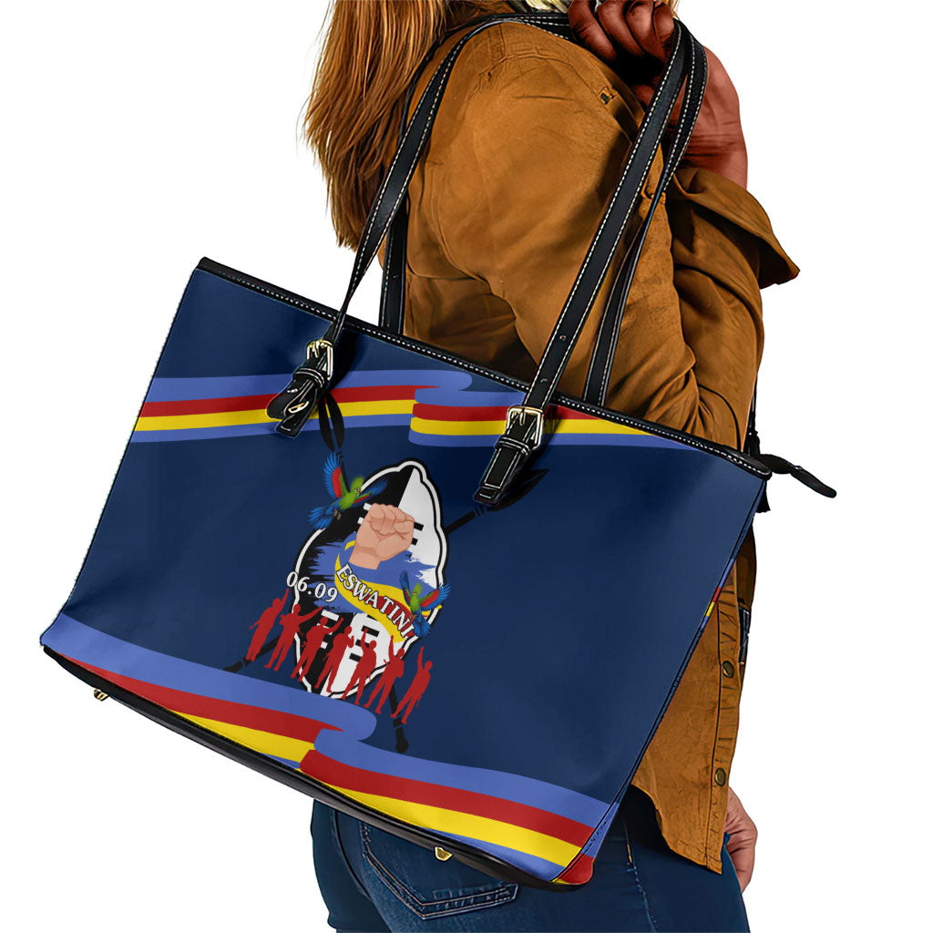 Eswatini Somhlolo Day Leather Tote Bag Swazi Flag Tribal Shield Heritage Graphic