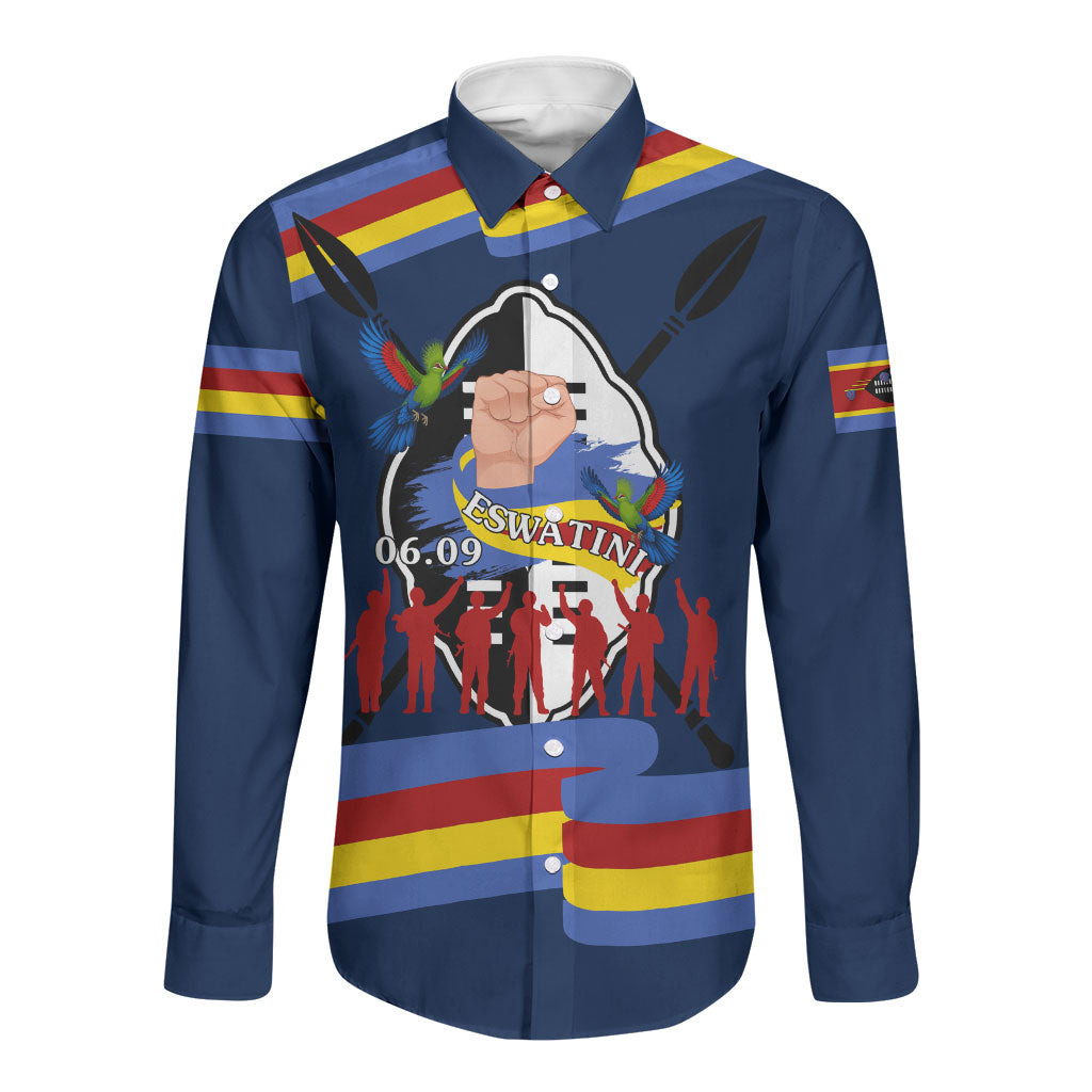 Eswatini Somhlolo Day Long Sleeve Button Shirt Swazi Flag Tribal Shield Heritage Graphic