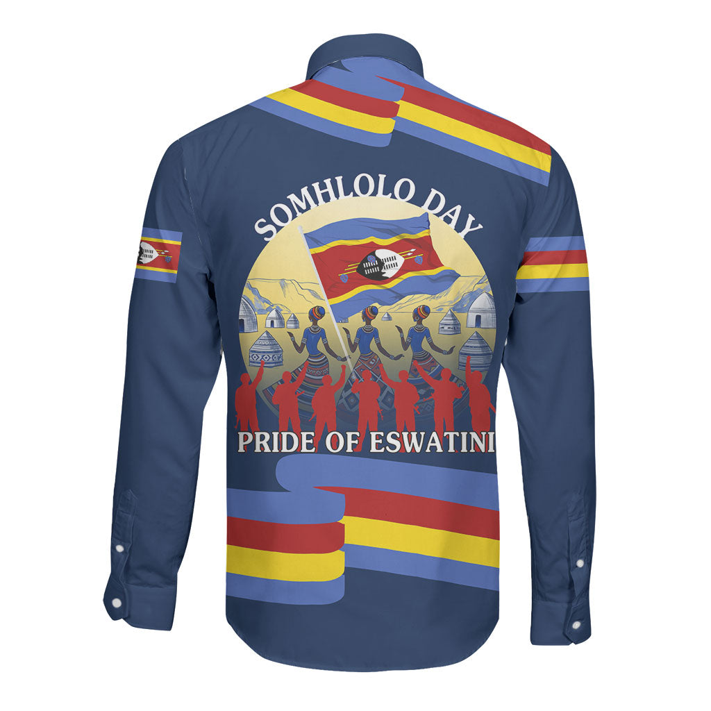 Eswatini Somhlolo Day Long Sleeve Button Shirt Swazi Flag Tribal Shield Heritage Graphic