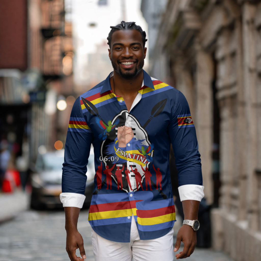 Eswatini Somhlolo Day Long Sleeve Button Shirt Swazi Flag Tribal Shield Heritage Graphic