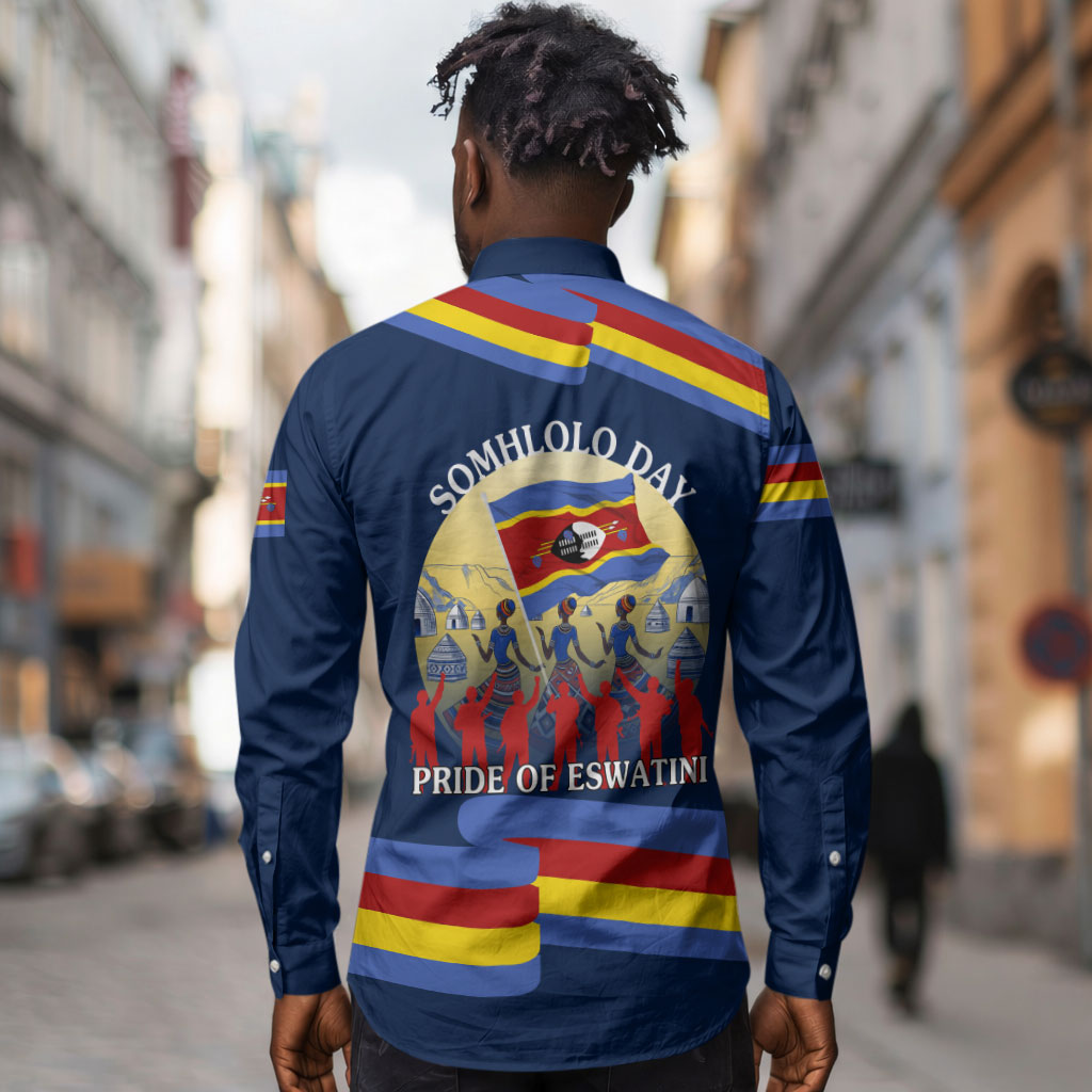 Eswatini Somhlolo Day Long Sleeve Button Shirt Swazi Flag Tribal Shield Heritage Graphic