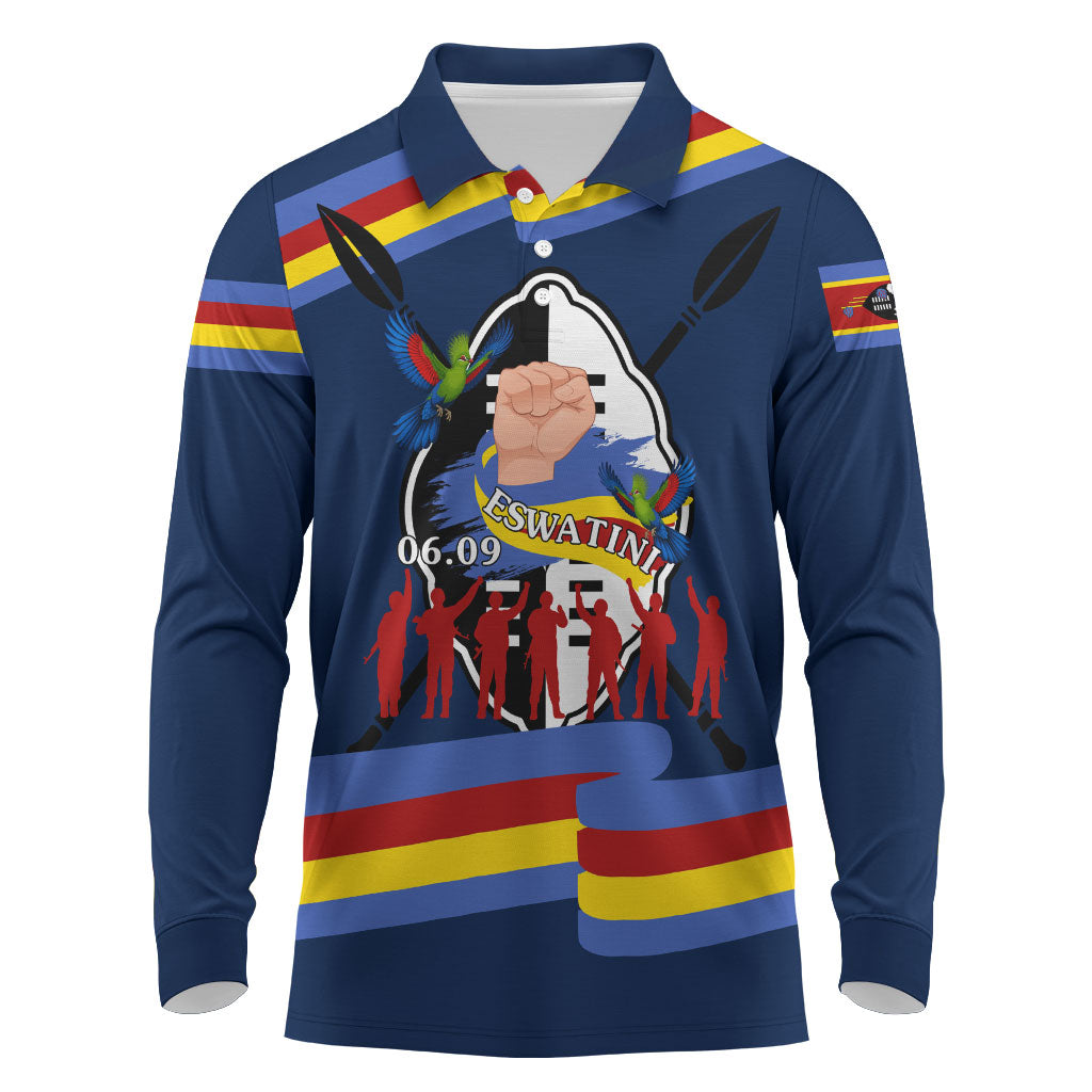 Eswatini Somhlolo Day Long Sleeve Polo Shirt Swazi Flag Tribal Shield Heritage Graphic