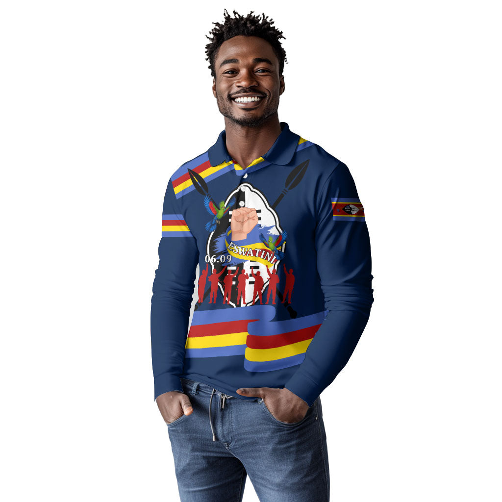Eswatini Somhlolo Day Long Sleeve Polo Shirt Swazi Flag Tribal Shield Heritage Graphic