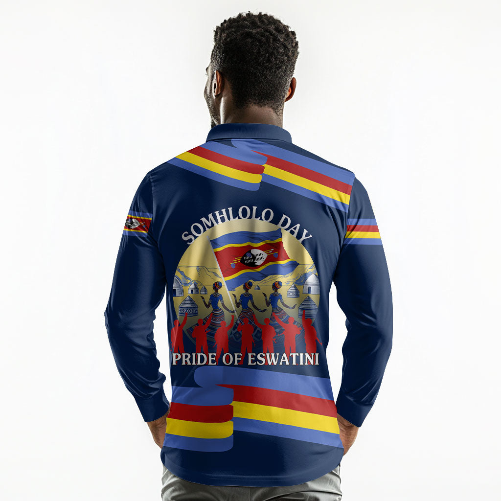 Eswatini Somhlolo Day Long Sleeve Polo Shirt Swazi Flag Tribal Shield Heritage Graphic