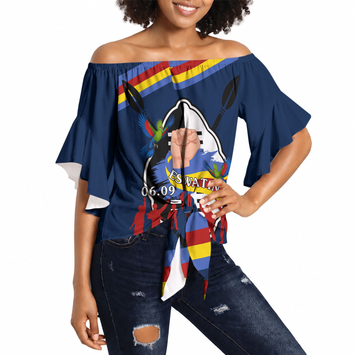 Eswatini Somhlolo Day Off Shoulder Wrap Waist Top Swazi Flag Tribal Shield Heritage Graphic