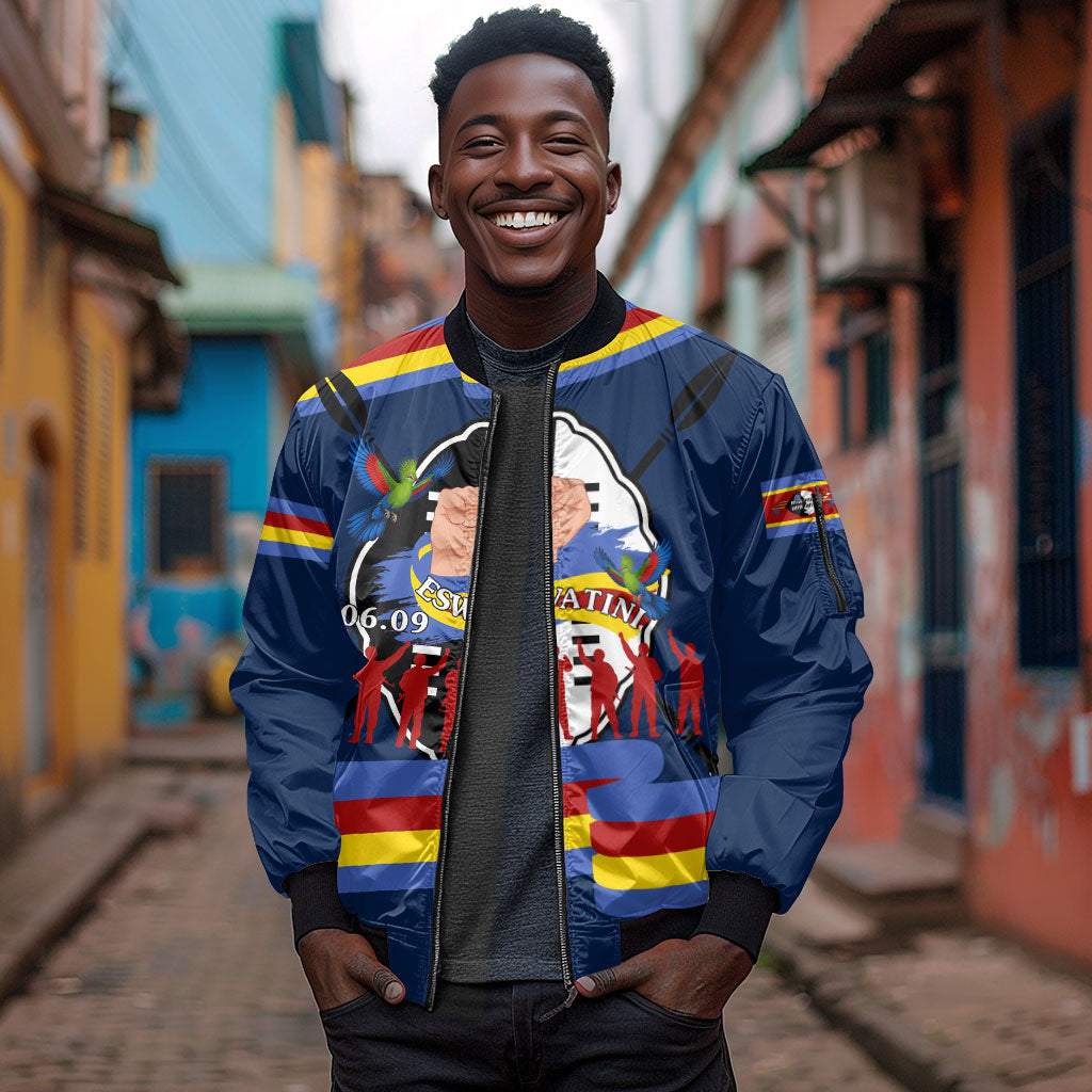 Eswatini Somhlolo Day Sleeve Zip Bomber Jacket Swazi Flag Tribal Shield Heritage Graphic