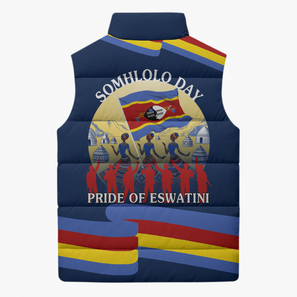 Eswatini Somhlolo Day Sleeveless Puffer Jacket Swazi Flag Tribal Shield Heritage Graphic