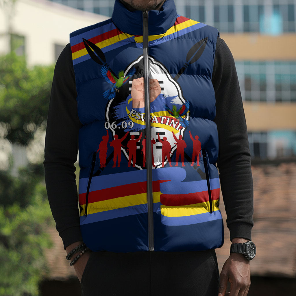 Eswatini Somhlolo Day Sleeveless Puffer Jacket Swazi Flag Tribal Shield Heritage Graphic