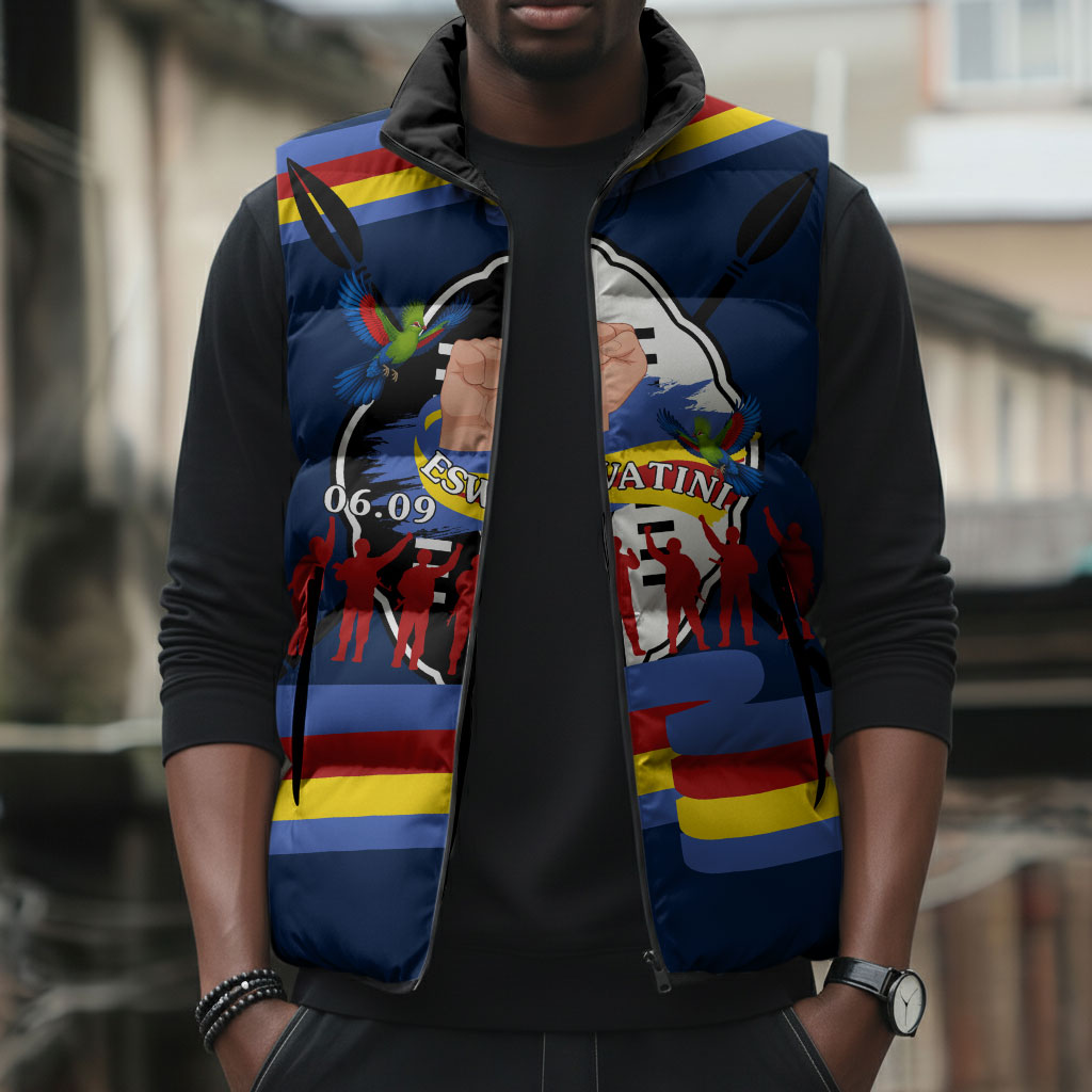 Eswatini Somhlolo Day Sleeveless Puffer Jacket Swazi Flag Tribal Shield Heritage Graphic