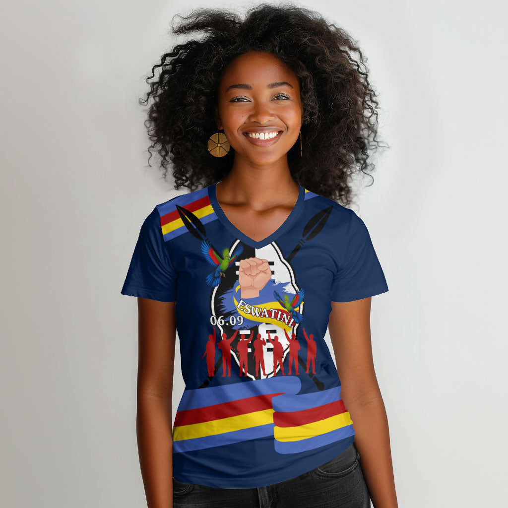 Eswatini Somhlolo Day Women V-Neck T-Shirt Swazi Flag Tribal Shield Heritage Graphic