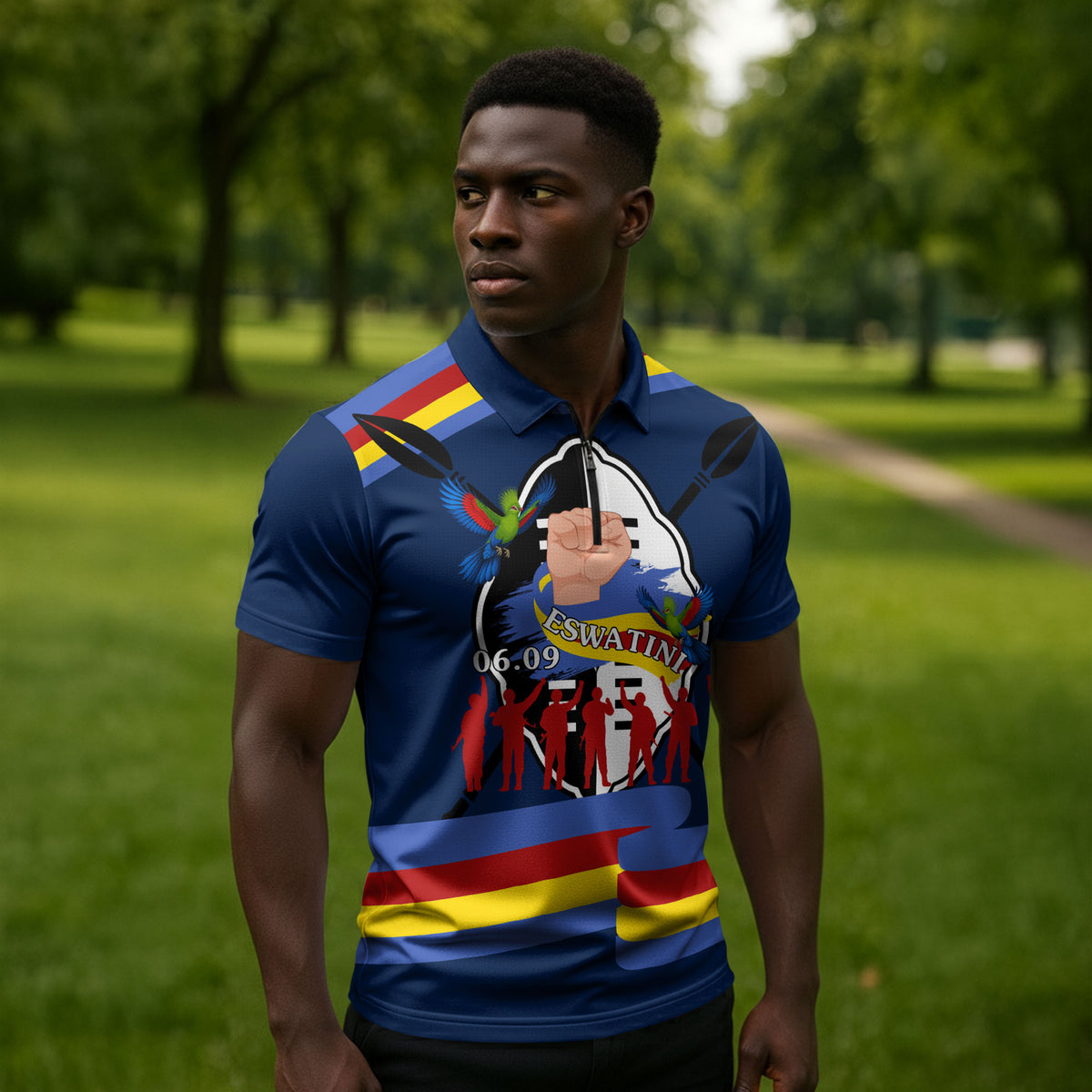 Eswatini Somhlolo Day Zipper Polo Shirt Swazi Flag Tribal Shield Heritage Graphic