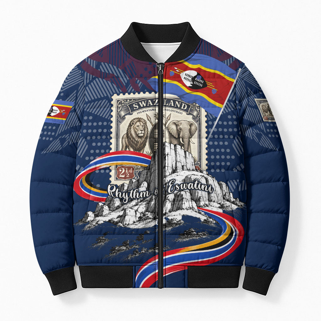 Eswatini Somhlolo Day Bomber Puffer Jacket Swazi Flag Stamp Traditional Dancer African Heritage Graphic