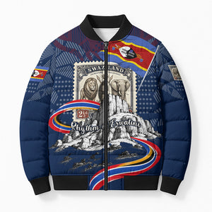 Eswatini Somhlolo Day Bomber Puffer Jacket Swazi Flag Stamp Traditional Dancer African Heritage Graphic