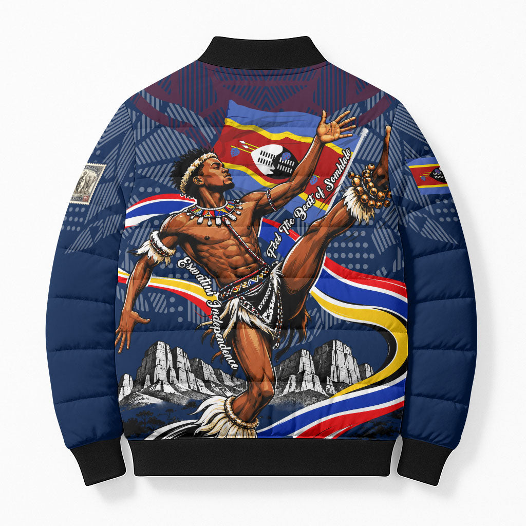 Eswatini Somhlolo Day Bomber Puffer Jacket Swazi Flag Stamp Traditional Dancer African Heritage Graphic