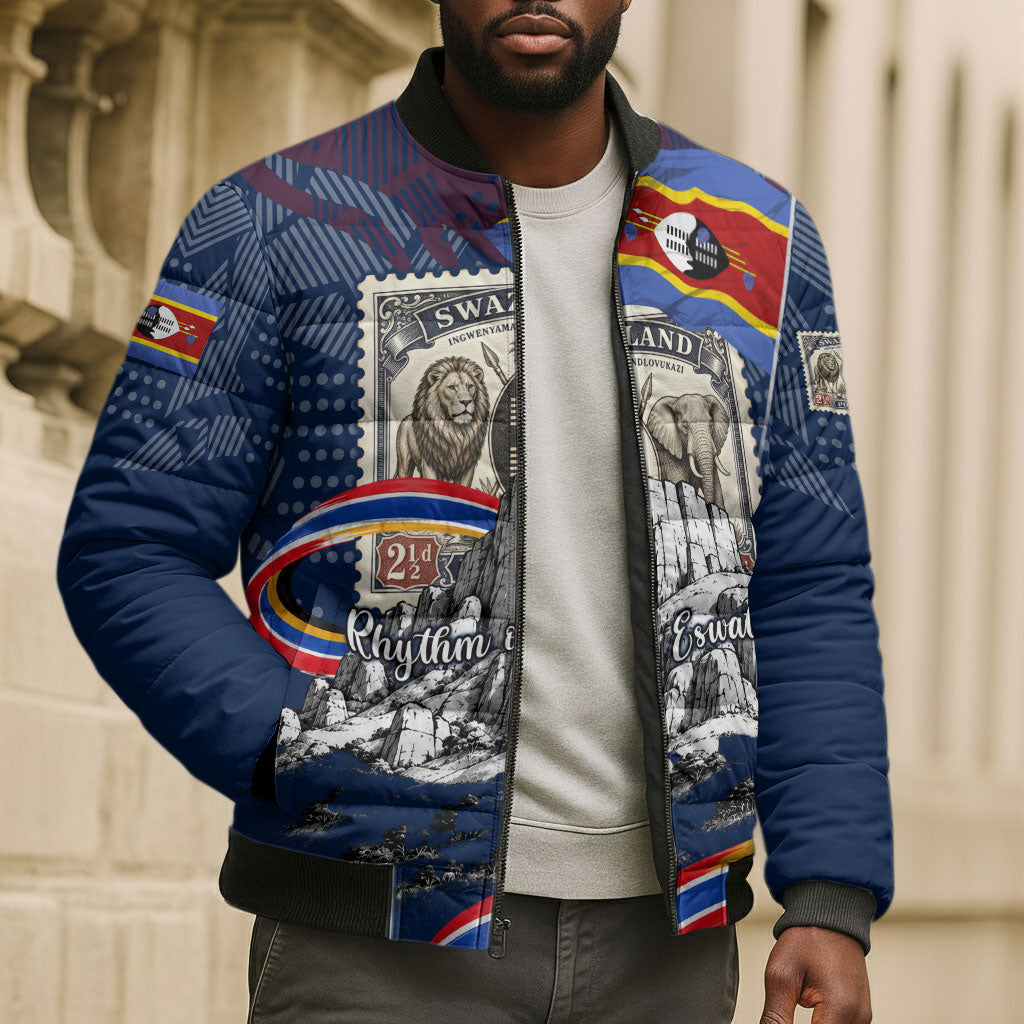 Eswatini Somhlolo Day Bomber Puffer Jacket Swazi Flag Stamp Traditional Dancer African Heritage Graphic