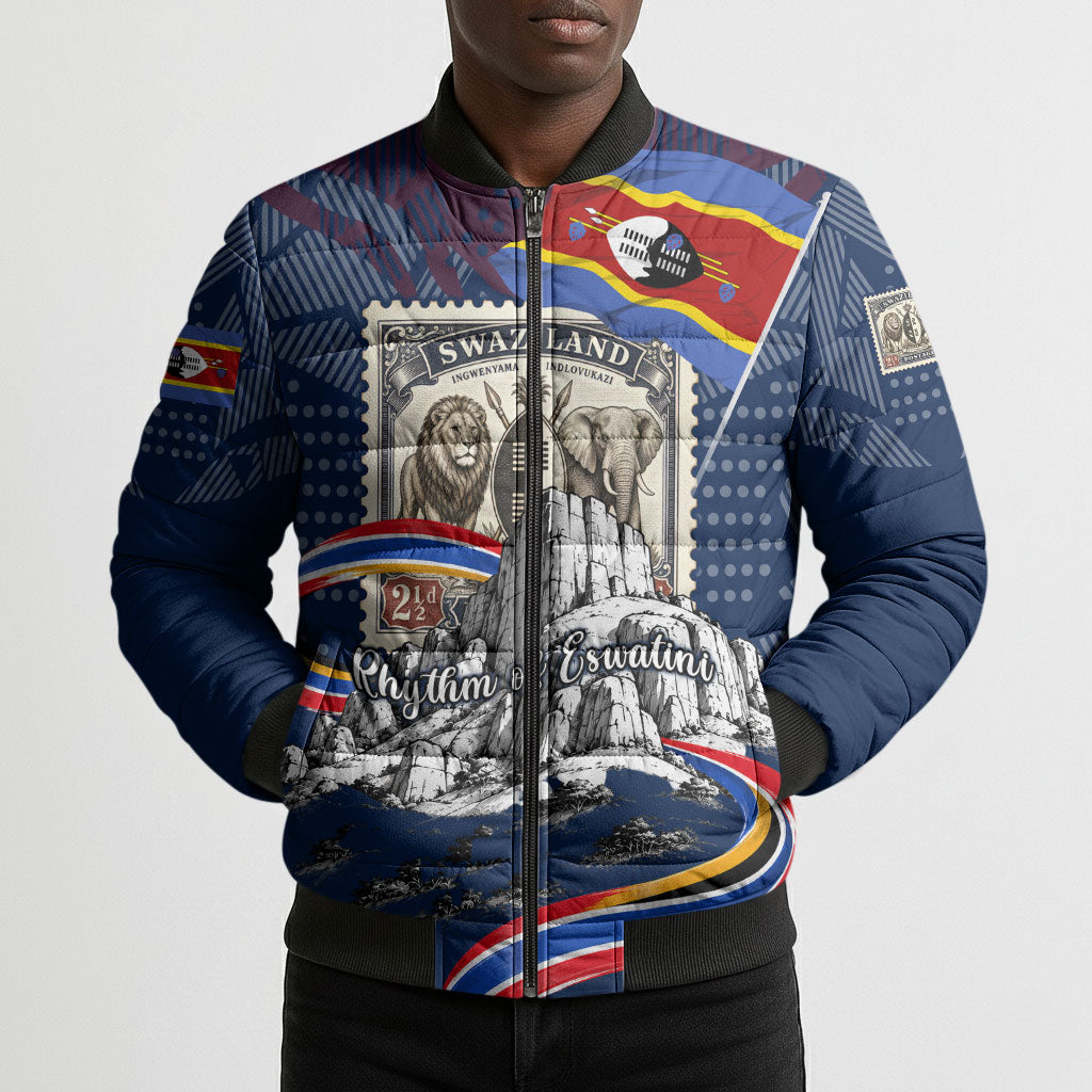 Eswatini Somhlolo Day Bomber Puffer Jacket Swazi Flag Stamp Traditional Dancer African Heritage Graphic