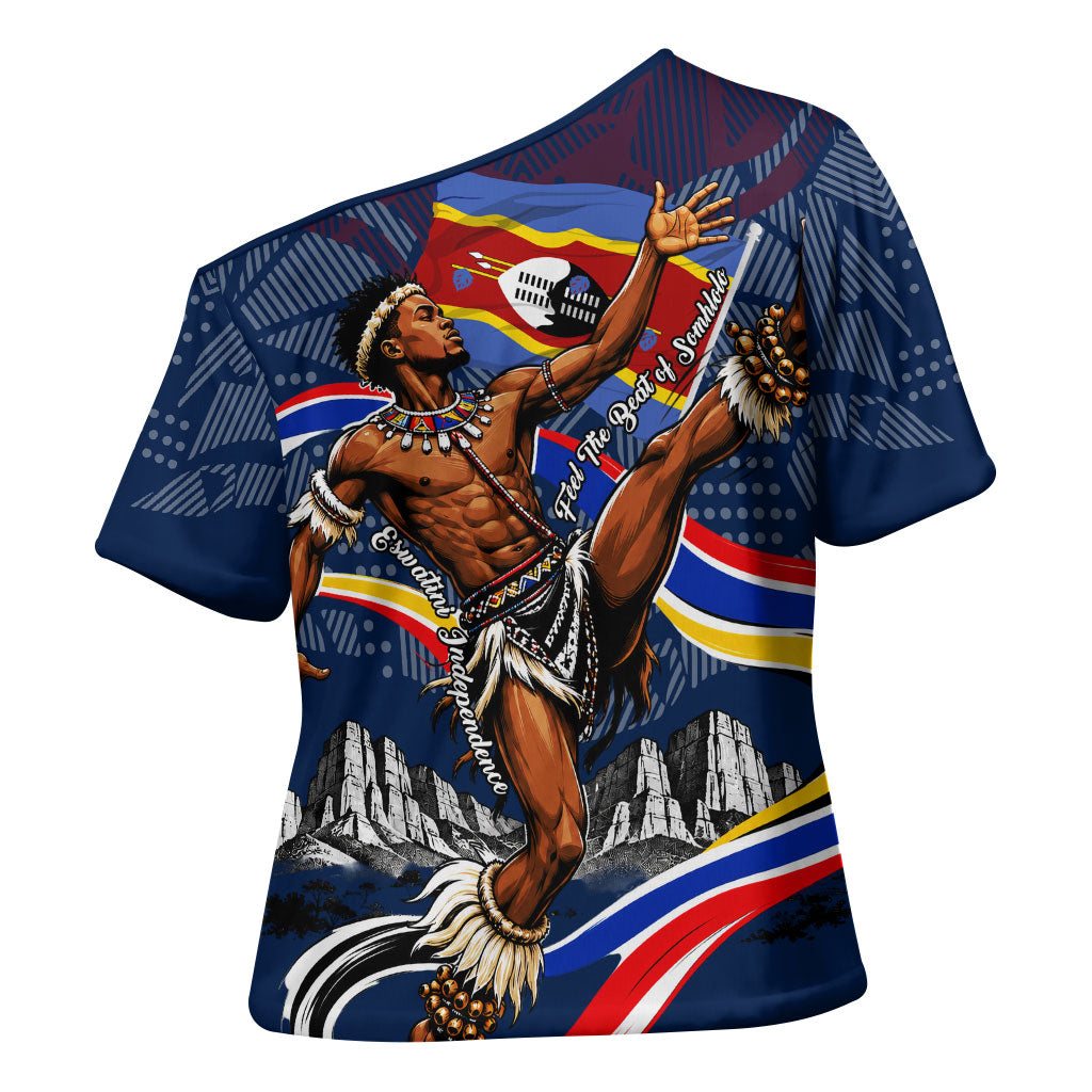 Eswatini Somhlolo Day Cross Shoulder Shirt Swazi Flag Stamp Traditional Dancer African Heritage Graphic
