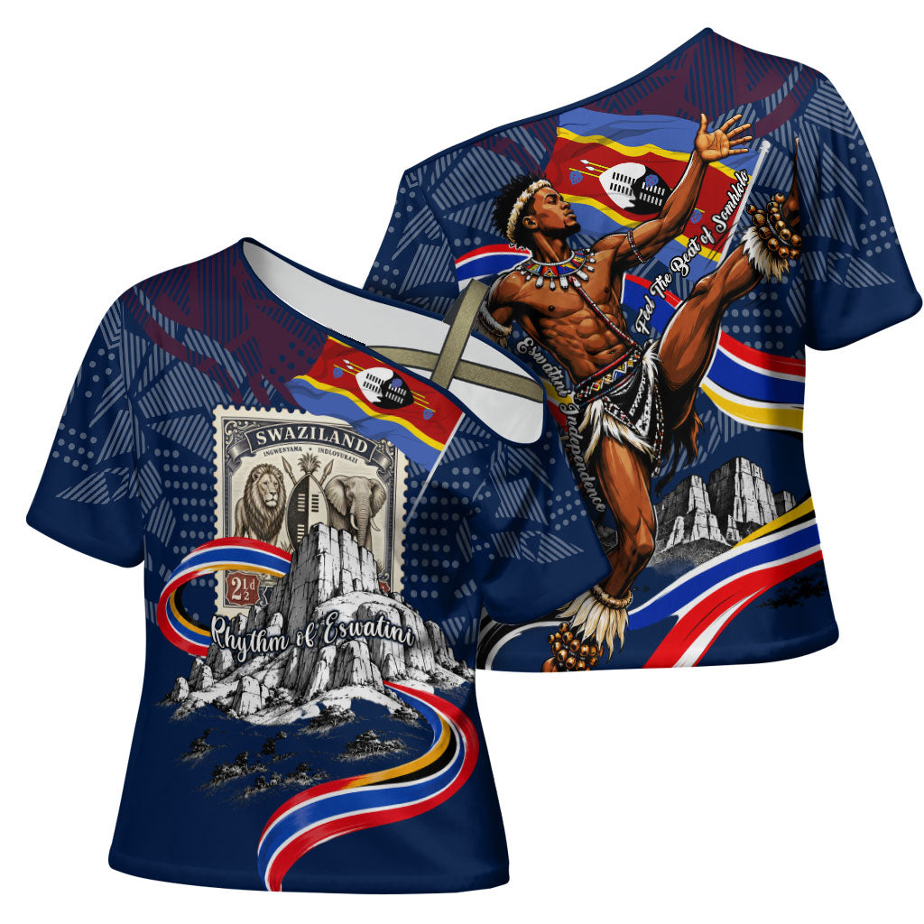 Eswatini Somhlolo Day Cross Shoulder Shirt Swazi Flag Stamp Traditional Dancer African Heritage Graphic