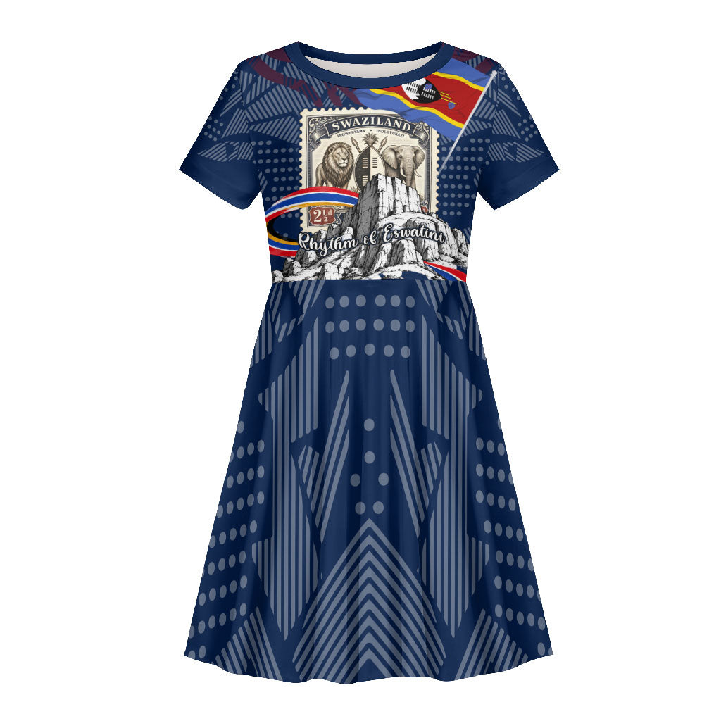 Eswatini Somhlolo Day Kid Short Sleeve Dress Swazi Flag Stamp Traditional Dancer African Heritage Graphic