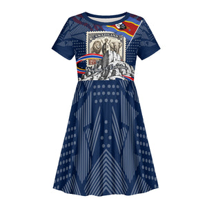Eswatini Somhlolo Day Kid Short Sleeve Dress Swazi Flag Stamp Traditional Dancer African Heritage Graphic