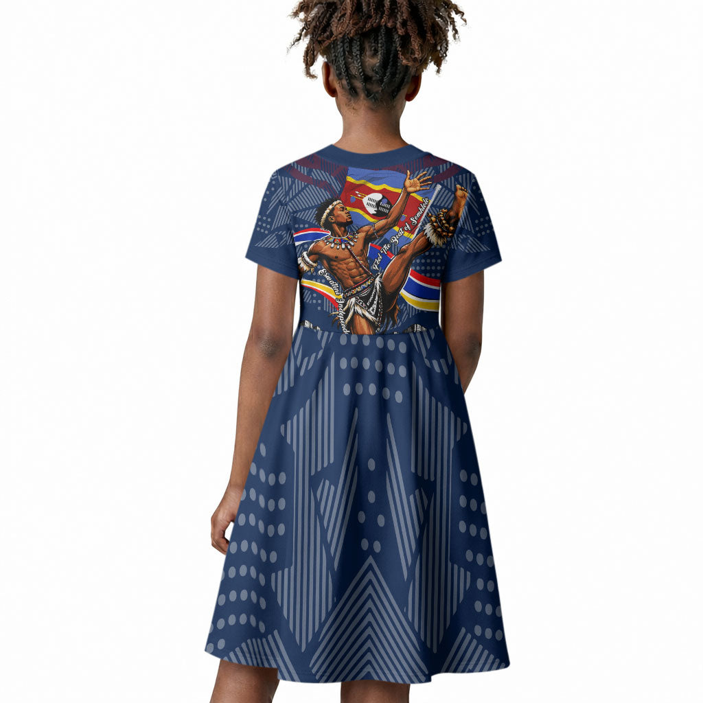 Eswatini Somhlolo Day Kid Short Sleeve Dress Swazi Flag Stamp Traditional Dancer African Heritage Graphic