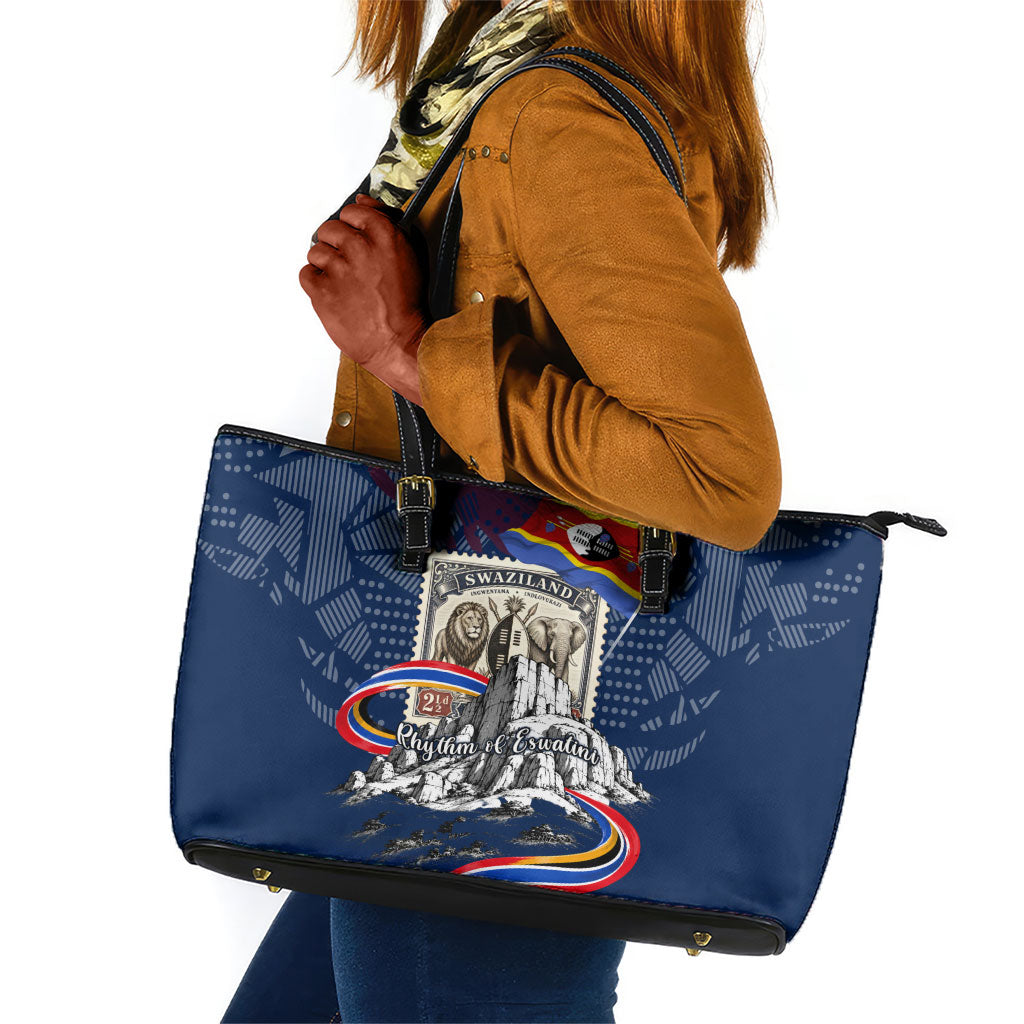 Eswatini Somhlolo Day Leather Tote Bag Swazi Flag Stamp Traditional Dancer African Heritage Graphic