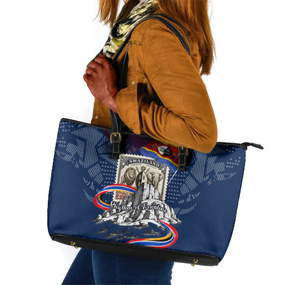 Eswatini Somhlolo Day Leather Tote Bag Swazi Flag Stamp Traditional Dancer African Heritage Graphic