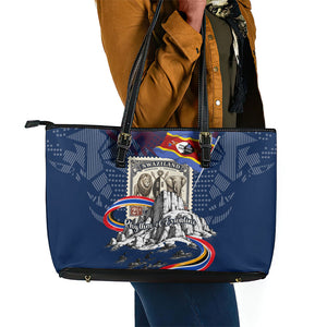 Eswatini Somhlolo Day Leather Tote Bag Swazi Flag Stamp Traditional Dancer African Heritage Graphic