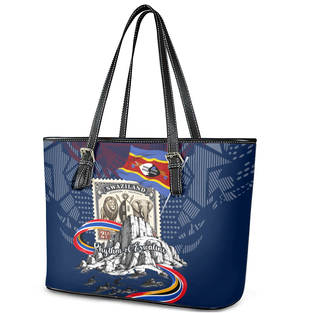 Eswatini Somhlolo Day Leather Tote Bag Swazi Flag Stamp Traditional Dancer African Heritage Graphic