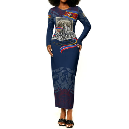 Eswatini Somhlolo Day Long Sleeve Bodycon Dress Swazi Flag Stamp Traditional Dancer African Heritage Graphic