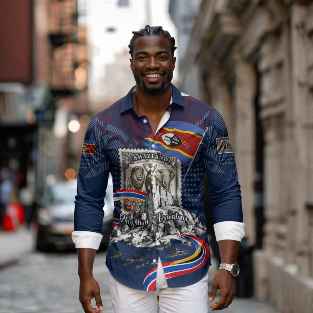 Eswatini Somhlolo Day Long Sleeve Button Shirt Swazi Flag Stamp Traditional Dancer African Heritage Graphic