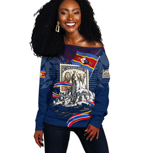 Eswatini Somhlolo Day Off Shoulder Sweater Swazi Flag Stamp Traditional Dancer African Heritage Graphic