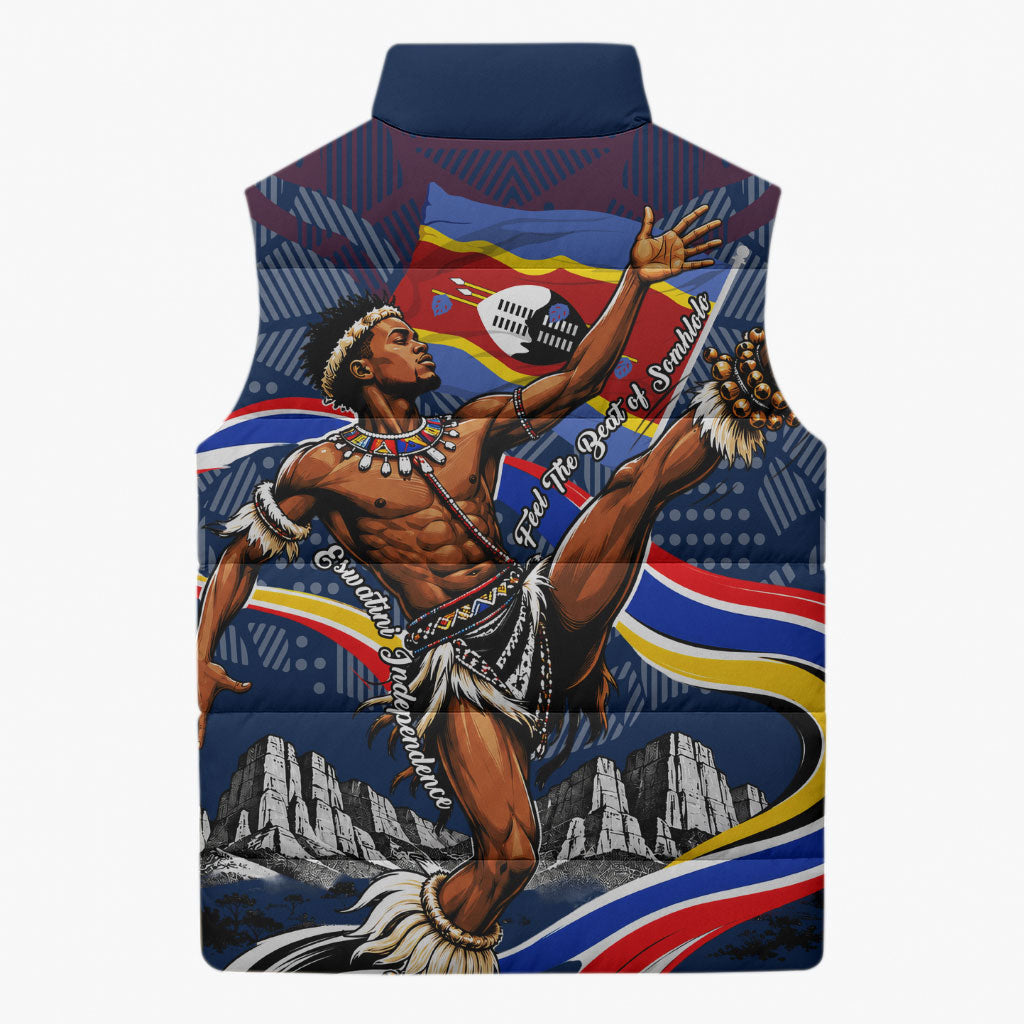 Eswatini Somhlolo Day Sleeveless Puffer Jacket Swazi Flag Stamp Traditional Dancer African Heritage Graphic