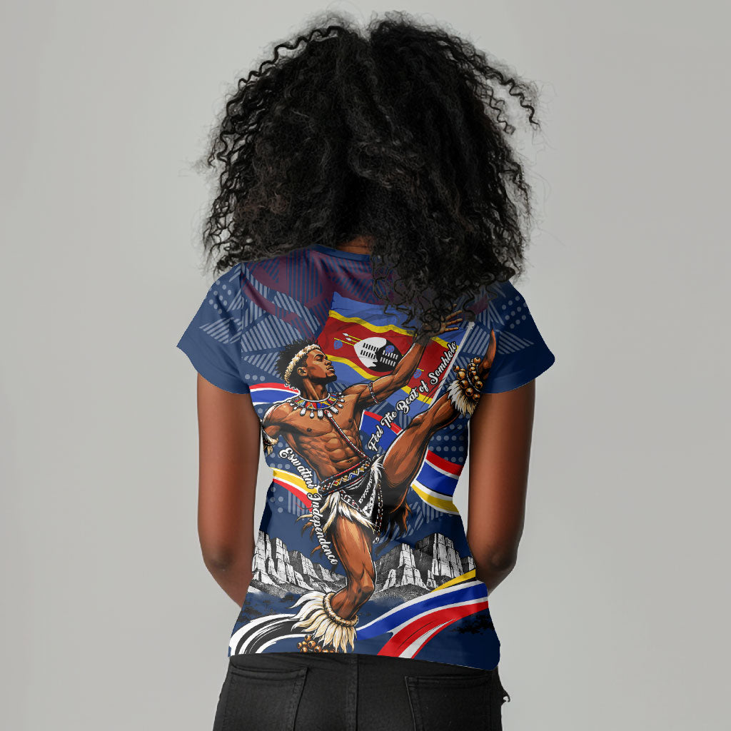 Eswatini Somhlolo Day Women V-Neck T-Shirt Swazi Flag Stamp Traditional Dancer African Heritage Graphic