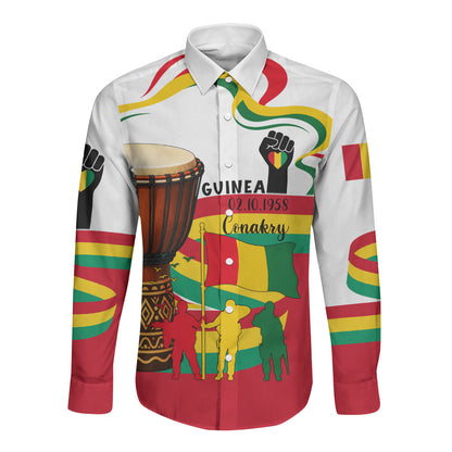 Guinea Independence Day Conakry Long Sleeve Button Shirt African Flag Djembe Drum Freedom