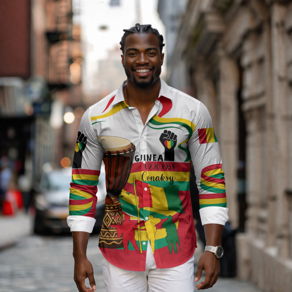 Guinea Independence Day Conakry Long Sleeve Button Shirt African Flag Djembe Drum Freedom