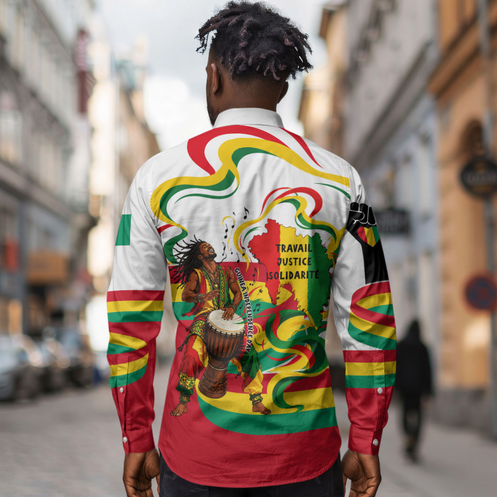 Guinea Independence Day Conakry Long Sleeve Button Shirt African Flag Djembe Drum Freedom