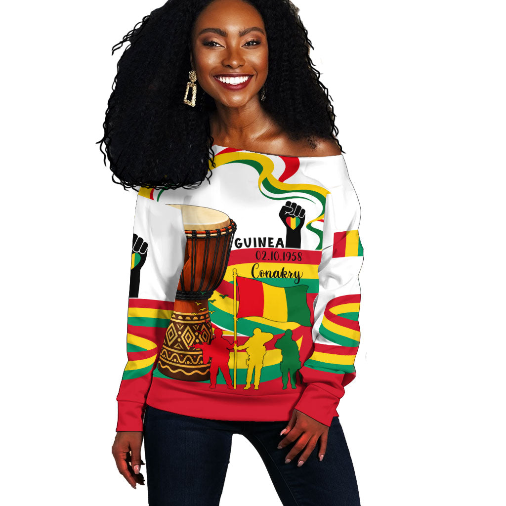 Guinea Independence Day Conakry Off Shoulder Sweater African Flag Djembe Drum Freedom